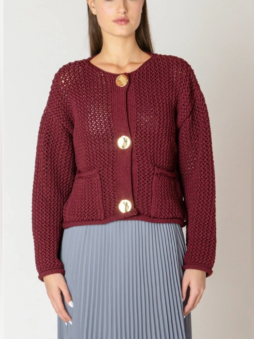 entro Maroon Crochet Open-Knit Button Cardigan